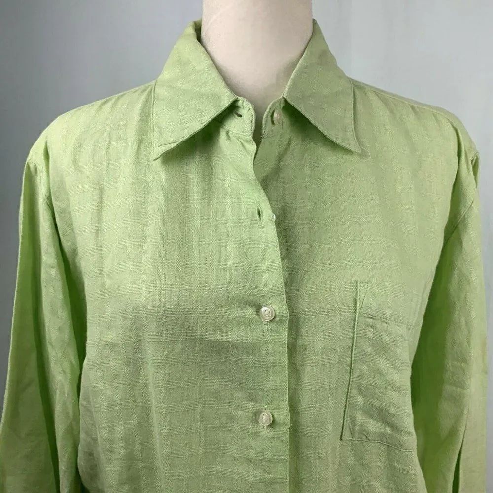 Paul Harris Design Tunic Shirt L Green Button Front Pocket Linen Long Sleeves